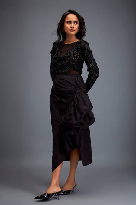 Buy Deepika Arora Black Tafetta Swarovski, Bead Round Embroidered Top And Ruched Skirt Set Online at Aza Fashions Buy_Deepika Arora_Black Tafetta Swarovski, Bead Round Embroidered Top And Ruched Skirt Set _Online_at_Aza_Fashions