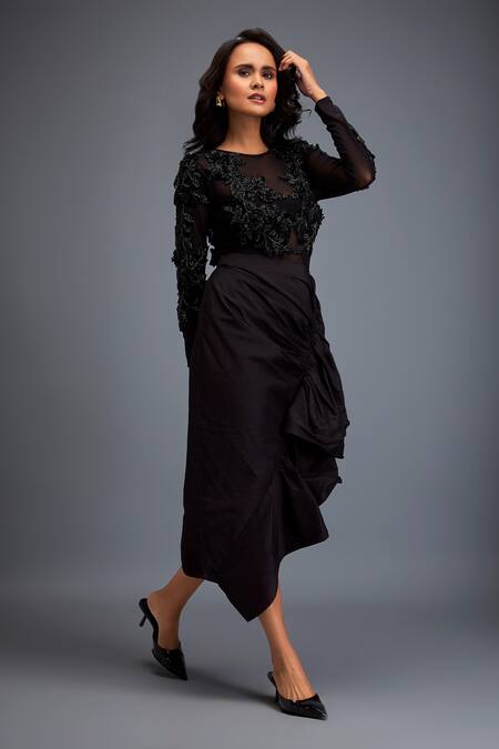 Shop Deepika Arora Black Tafetta Swarovski, Bead Round Embroidered Top And Ruched Skirt Set Online at Aza Fashions Shop_Deepika Arora_Black Tafetta Swarovski, Bead Round Embroidered Top And Ruched Skirt Set _Online_at_Aza_Fashions