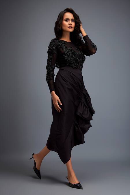 Deepika Arora Black Tafetta Swarovski, Bead Round Embroidered Top And Ruched Skirt Set at Aza Fashions Deepika Arora_Black Tafetta Swarovski, Bead Round Embroidered Top And Ruched Skirt Set _at_Aza_Fashions
