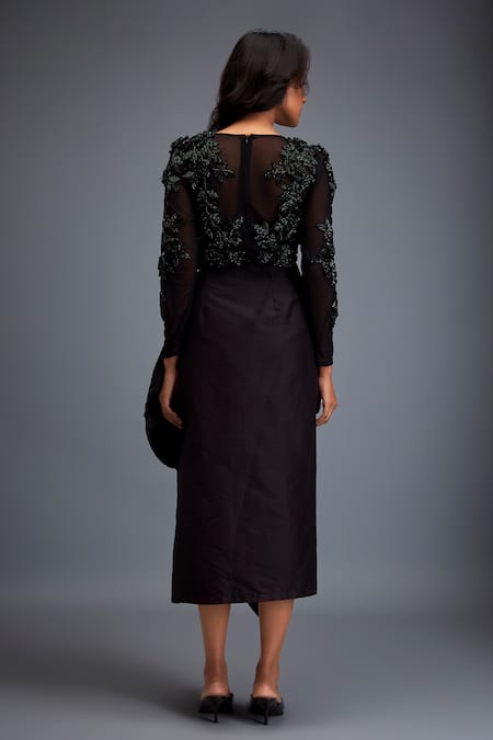 Shop Deepika Arora Black Tafetta Swarovski, Bead Round Embroidered Top And Ruched Skirt Set at Aza Fashions Shop_Deepika Arora_Black Tafetta Swarovski, Bead Round Embroidered Top And Ruched Skirt Set _at_Aza_Fashions