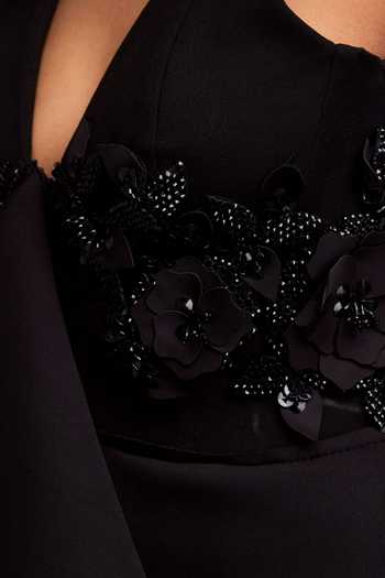 Shop_Deepika Arora_Black Scuba Swarovski Crystal V Neck Ruffled Beadwork Short Dress _Online_at_Aza_Fashions