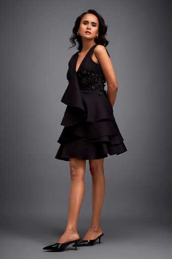 Deepika Arora_Black Scuba Swarovski Crystal V Neck Ruffled Beadwork Short Dress _at_Aza_Fashions