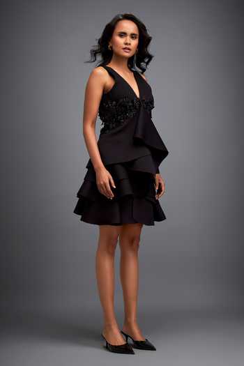 Buy_Deepika Arora_Black Scuba Swarovski Crystal V Neck Ruffled Beadwork Short Dress 