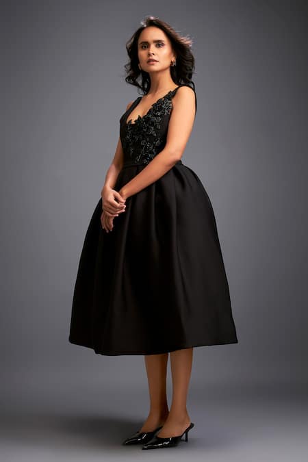 Deepika Arora_Black Neoprene Crystals Round Neck Swarovski Embroidered Midi Dress _Online_at_Aza_Fashions