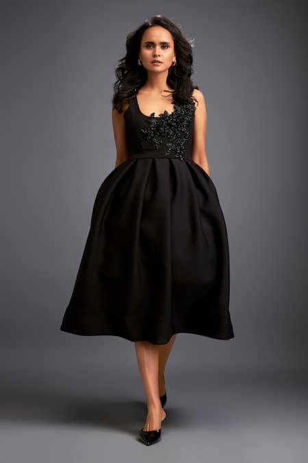 Buy_Deepika Arora_Black Neoprene Crystals Round Neck Swarovski Embroidered Midi Dress _Online_at_Aza_Fashions