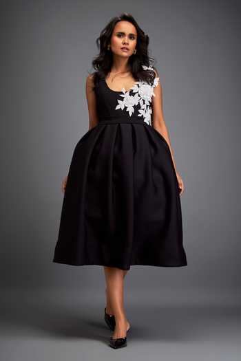 Deepika Arora_Black Neoprene Stones Round Neck Swarovski Embroidered Midi Dress _Online_at_Aza_Fashions