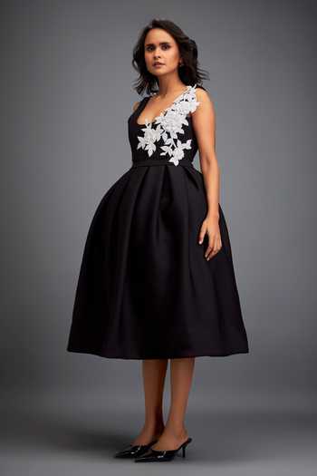 Buy_Deepika Arora_Black Neoprene Stones Round Neck Swarovski Embroidered Midi Dress _Online_at_Aza_Fashions