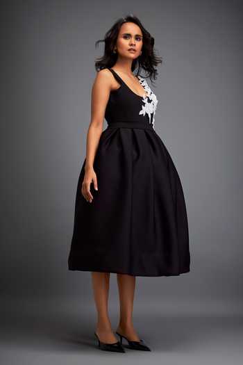 Shop_Deepika Arora_Black Neoprene Stones Round Neck Swarovski Embroidered Midi Dress _Online_at_Aza_Fashions