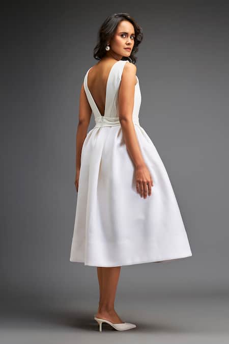 Shop Deepika Arora White Neoprene Stones Round Neck Swarovski Embroidered Flared Midi Dress at Aza Fashions Shop_Deepika Arora_White Neoprene Stones Round Neck Swarovski Embroidered Flared Midi Dress _at_Aza_Fashions