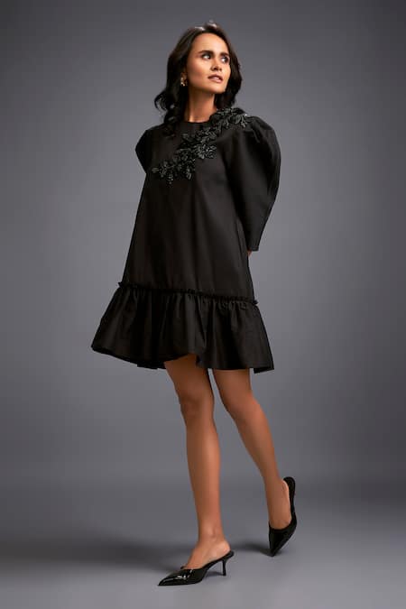 Buy Deepika Arora Black Taffeta Stones Round Neck Puffed Sleeve Embroidered Dress Online at Aza Fashions Buy_Deepika Arora_Black Taffeta Stones Round Neck Puffed Sleeve Embroidered Dress _Online_at_Aza_Fashions