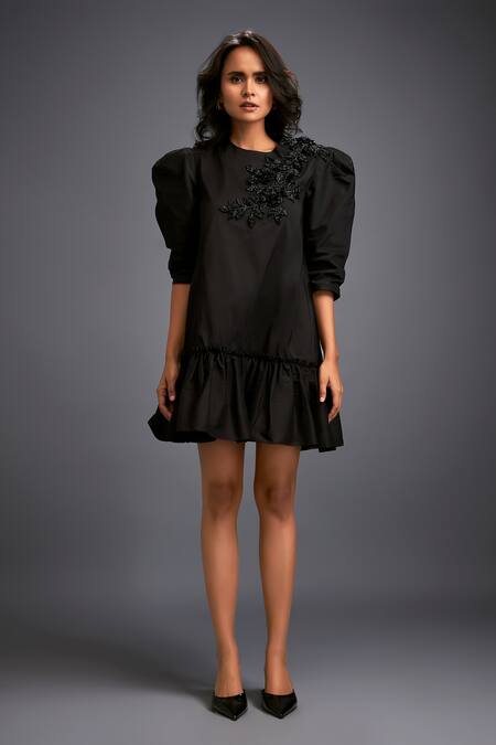 Shop Deepika Arora Black Taffeta Stones Round Neck Puffed Sleeve Embroidered Dress Online at Aza Fashions Shop_Deepika Arora_Black Taffeta Stones Round Neck Puffed Sleeve Embroidered Dress _Online_at_Aza_Fashions