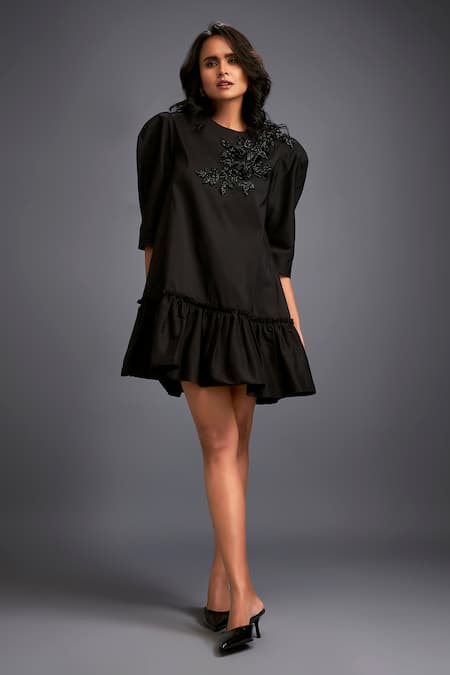 Deepika Arora Black Taffeta Stones Round Neck Puffed Sleeve Embroidered Dress