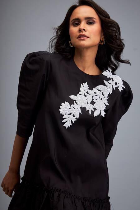 Buy Deepika Arora Black Tafetta Swarovski Round Embroidered Tiered Short Dress Online at Aza Fashions Buy_Deepika Arora_Black Tafetta Swarovski Round Embroidered Tiered Short Dress _Online_at_Aza_Fashions