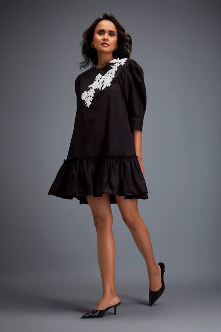 Shop Deepika Arora Black Tafetta Swarovski Round Embroidered Tiered Short Dress Online at Aza Fashions Shop_Deepika Arora_Black Tafetta Swarovski Round Embroidered Tiered Short Dress _Online_at_Aza_Fashions