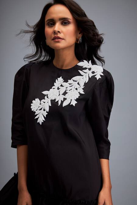 Deepika Arora Black Tafetta Swarovski Round Embroidered Tiered Short Dress at Aza Fashions Deepika Arora_Black Tafetta Swarovski Round Embroidered Tiered Short Dress _at_Aza_Fashions