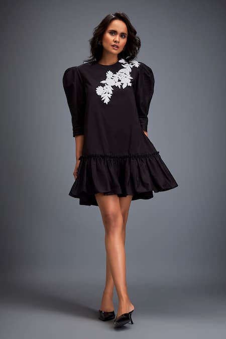 Deepika Arora Black Tafetta Swarovski Round Embroidered Tiered Short Dress