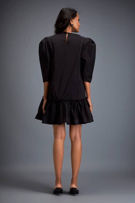 Shop Deepika Arora Black Tafetta Swarovski Round Embroidered Tiered Short Dress at Aza Fashions Shop_Deepika Arora_Black Tafetta Swarovski Round Embroidered Tiered Short Dress _at_Aza_Fashions