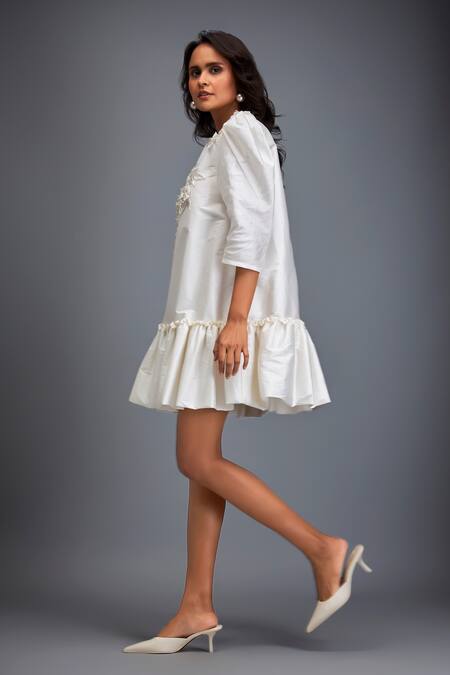 Deepika Arora White Tafetta Swarovski Round Embroidered Tiered Hem Dress Online at Aza Fashions Deepika Arora_White Tafetta Swarovski Round Embroidered Tiered Hem Dress _Online_at_Aza_Fashions