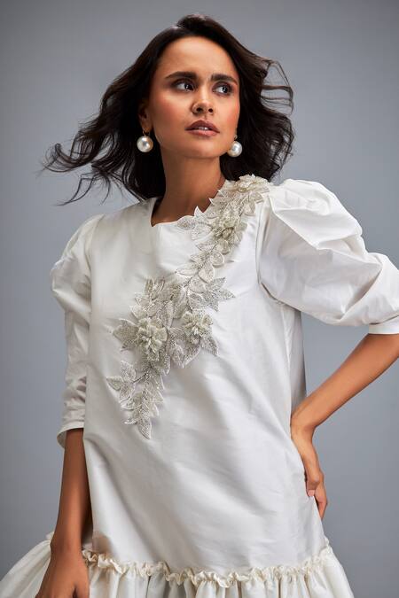 Buy Deepika Arora White Tafetta Swarovski Round Embroidered Tiered Hem Dress Online at Aza Fashions Buy_Deepika Arora_White Tafetta Swarovski Round Embroidered Tiered Hem Dress _Online_at_Aza_Fashions