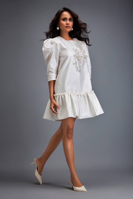 Deepika Arora White Tafetta Swarovski Round Embroidered Tiered Hem Dress at Aza Fashions Deepika Arora_White Tafetta Swarovski Round Embroidered Tiered Hem Dress _at_Aza_Fashions