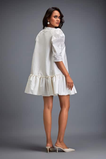 Shop Deepika Arora White Tafetta Swarovski Round Embroidered Tiered Hem Dress at Aza Fashions Shop_Deepika Arora_White Tafetta Swarovski Round Embroidered Tiered Hem Dress _at_Aza_Fashions