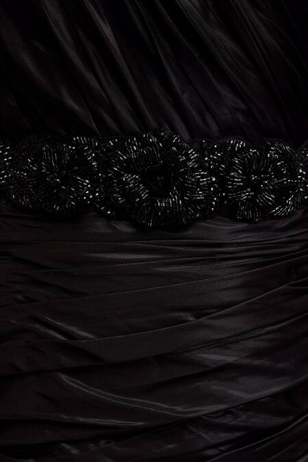 Deepika Arora_Black Satin Stones Asymmetric Swarovski Embroidered Top And Skirt Set_Online_at_Aza_Fashions