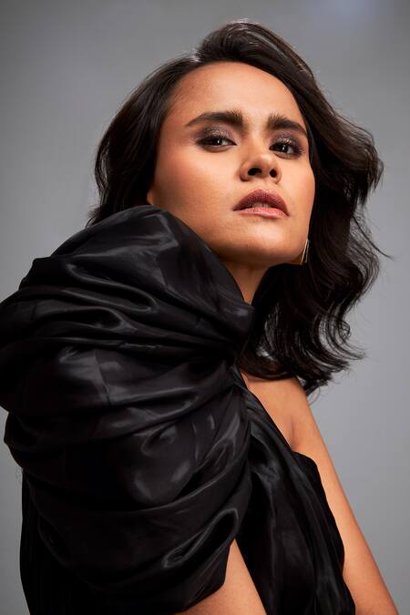 Buy_Deepika Arora_Black Satin Stones Asymmetric Swarovski Embroidered Top And Skirt Set_Online_at_Aza_Fashions