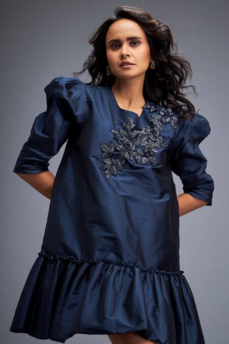 Deepika Arora Blue Taffeta Stones Asymmetric Swarovski Embroidered Tiered Hem Dress Online at Aza Fashions Deepika Arora_Blue Taffeta Stones Asymmetric Swarovski Embroidered Tiered Hem Dress _Online_at_Aza_Fashions