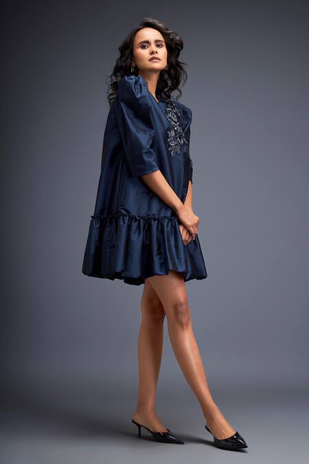 Buy Deepika Arora Blue Taffeta Stones Asymmetric Swarovski Embroidered Tiered Hem Dress Online at Aza Fashions Buy_Deepika Arora_Blue Taffeta Stones Asymmetric Swarovski Embroidered Tiered Hem Dress _Online_at_Aza_Fashions