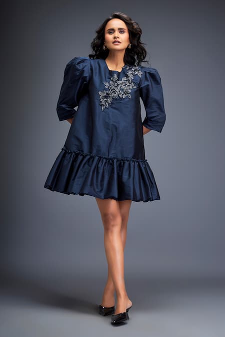 Deepika Arora Blue Taffeta Stones Asymmetric Swarovski Embroidered Tiered Hem Dress