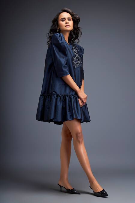 Buy Deepika Arora Blue Taffeta Stones Asymmetric Swarovski Embroidered Tiered Hem Dress Buy_Deepika Arora_Blue Taffeta Stones Asymmetric Swarovski Embroidered Tiered Hem Dress