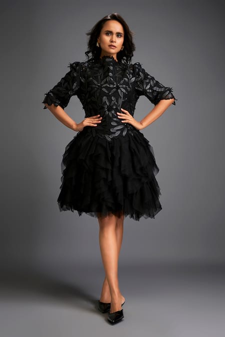 Deepika Arora Black Net Sequins, Buckles High Neck Floral Applique Layered Dress