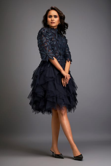 Buy Deepika Arora Blue Net Embroidery High Neck Floral Applique Ruffle Dress Online at Aza Fashions Buy_Deepika Arora_Blue Net Embroidery High Neck Floral Applique Ruffle Dress _Online_at_Aza_Fashions