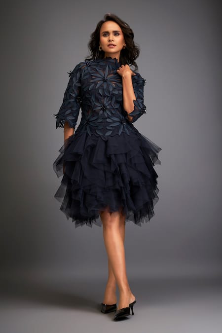 Deepika Arora Blue Net Embroidery High Neck Floral Applique Ruffle Dress