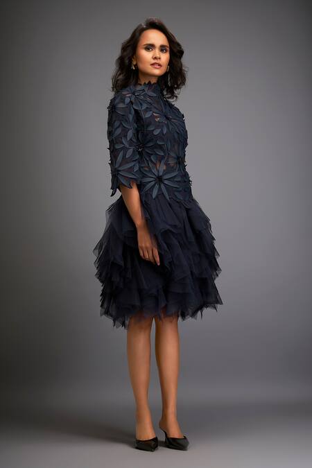 Deepika Arora Blue Net Embroidery High Neck Floral Applique Ruffle Dress at Aza Fashions Deepika Arora_Blue Net Embroidery High Neck Floral Applique Ruffle Dress _at_Aza_Fashions