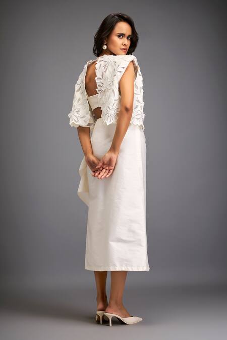 Shop Deepika Arora White Taffeta Applique, Embroidery Open Neck Floral Jacket And Ruched Skirt Set at Aza Fashions Shop_Deepika Arora_White Taffeta Applique, Embroidery Open Neck Floral Jacket And Ruched Skirt Set _at_Aza_Fashions