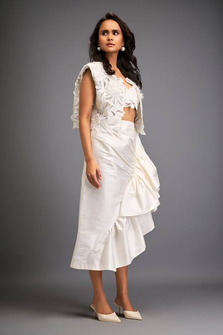 Buy Deepika Arora White Taffeta Applique, Embroidery Open Neck Floral Jacket And Ruched Skirt Set Online at Aza Fashions Buy_Deepika Arora_White Taffeta Applique, Embroidery Open Neck Floral Jacket And Ruched Skirt Set _Online_at_Aza_Fashions