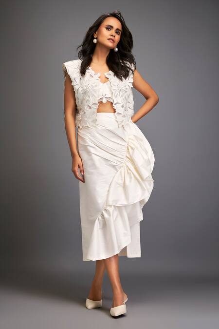 Shop Deepika Arora White Taffeta Applique, Embroidery Open Neck Floral Jacket And Ruched Skirt Set Online at Aza Fashions Shop_Deepika Arora_White Taffeta Applique, Embroidery Open Neck Floral Jacket And Ruched Skirt Set _Online_at_Aza_Fashions