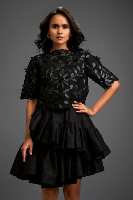 Deepika Arora_Black Taffeta Floral Closed Applique Top With Ruffled Skirt _Online_at_Aza_Fashions