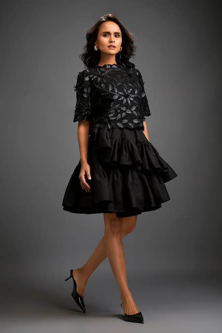 Buy_Deepika Arora_Black Taffeta Floral Closed Applique Top With Ruffled Skirt _Online_at_Aza_Fashions