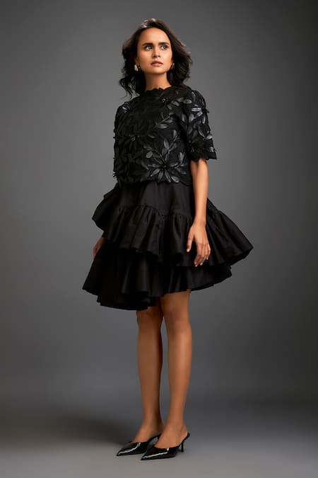 Shop_Deepika Arora_Black Taffeta Floral Closed Applique Top With Ruffled Skirt _Online_at_Aza_Fashions