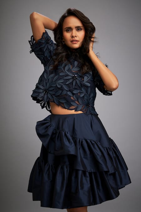 Deepika Arora_Blue Taffeta Floral Closed Applique Top With Tiered Skirt _Online_at_Aza_Fashions