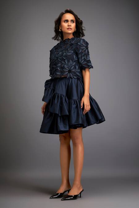 Buy_Deepika Arora_Blue Taffeta Floral Closed Applique Top With Tiered Skirt _Online_at_Aza_Fashions