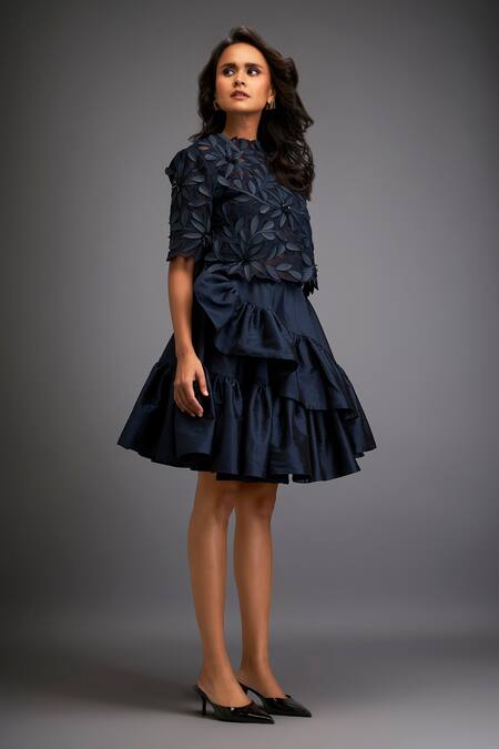 Shop_Deepika Arora_Blue Taffeta Floral Closed Applique Top With Tiered Skirt _Online_at_Aza_Fashions