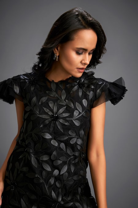 Deepika Arora_Black Net Ruffles Crew Neck Floral Applique Dress _Online_at_Aza_Fashions