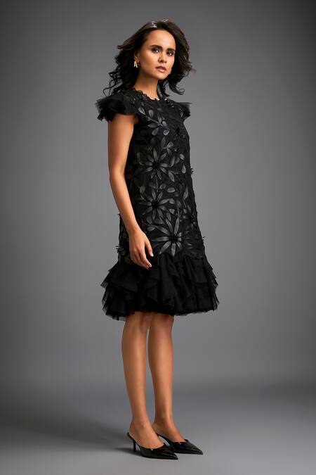 Buy_Deepika Arora_Black Net Ruffles Crew Neck Floral Applique Dress _Online_at_Aza_Fashions