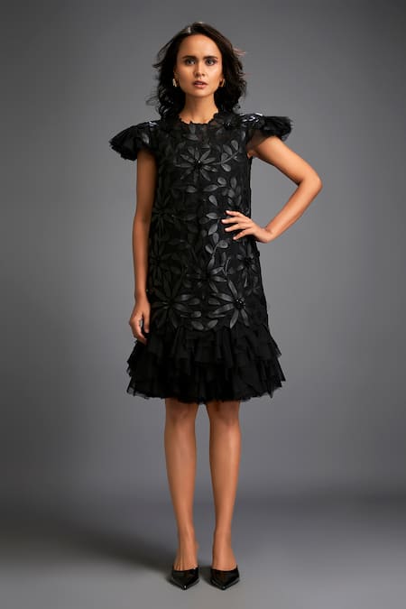 Shop_Deepika Arora_Black Net Ruffles Crew Neck Floral Applique Dress _Online_at_Aza_Fashions
