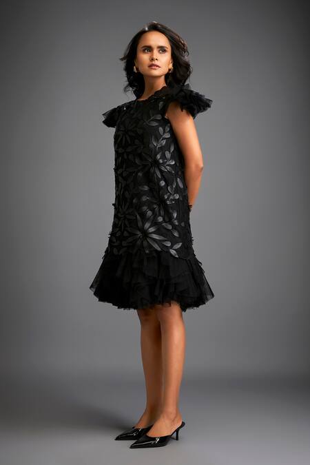 Deepika Arora_Black Net Ruffles Crew Neck Floral Applique Dress _at_Aza_Fashions