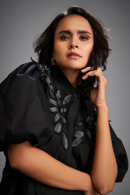 Deepika Arora_Black Cotton Fabric Flowers Collared Floral Applique Mini Dress _at_Aza_Fashions