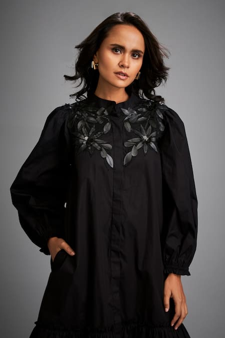 Deepika Arora_Black Cotton Sequins Collared Floral Embroidered Tiered Dress _Online_at_Aza_Fashions